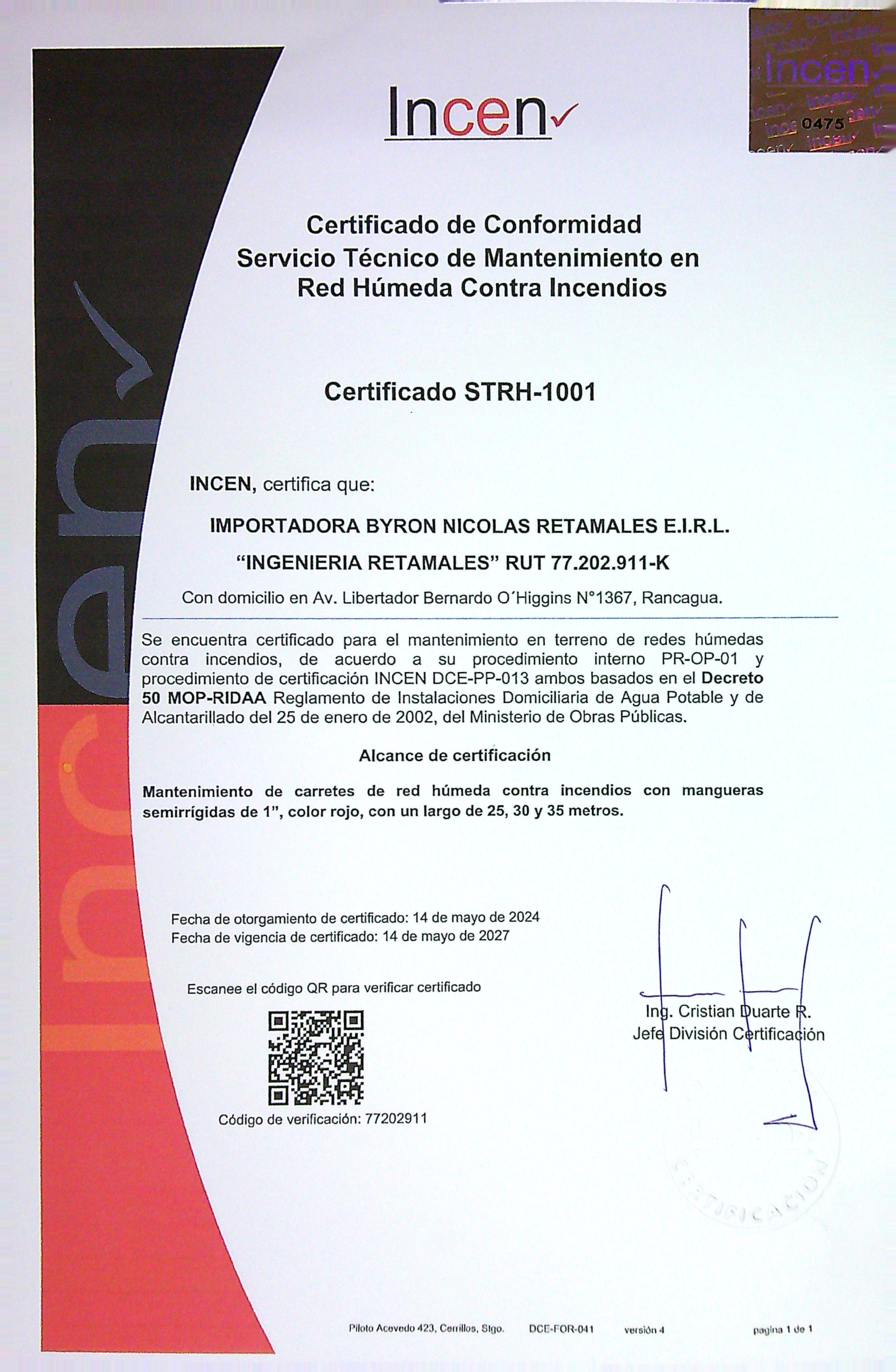 Certificación de mantención de red húmeda